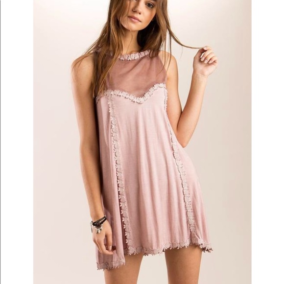 Mauve Pink Swing Short Dress Mesh Sleeveless - Picture 4 of 6